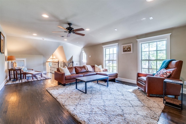 living room featuring visible vents, baseboards, recessed lighting, dark wood-type flooring, and a ceiling fan