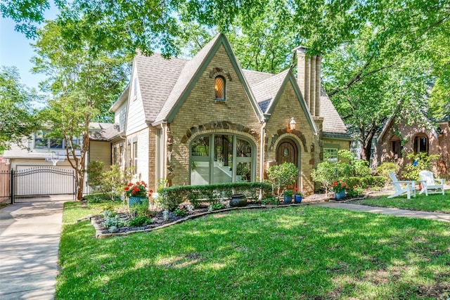 tudor house featuring a gate, a chimney, roof with shingles, a front yard, and brick siding