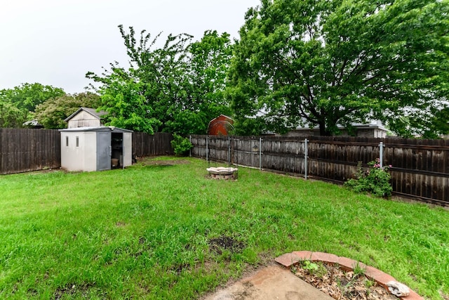 view of yard with a storage shed, an outbuilding, and a fenced backyard