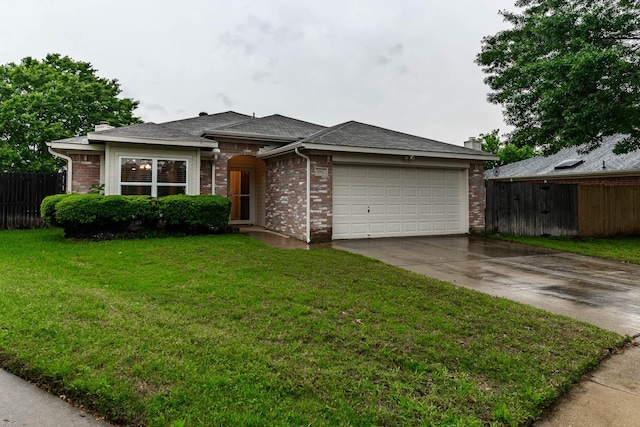 ranch-style home featuring brick siding, fence, concrete driveway, and an attached garage