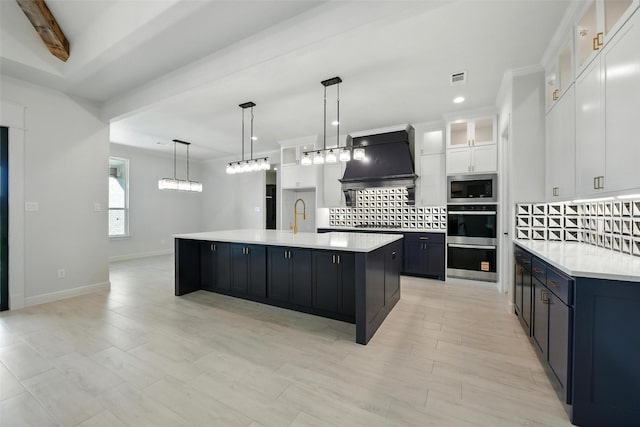 165 Rio Rancho Dr, Decatur, TX 76234 - kitchen featuring custom exhaust hood, tasteful backsplash, appliances with stainless steel finishes, light countertops, and recessed lighting
