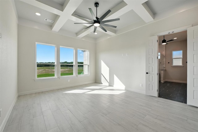 165 Rio Rancho Dr, Decatur, TX 76234 - unfurnished room featuring coffered ceiling, a ceiling fan, beamed ceiling, light wood-style floors, and recessed lighting