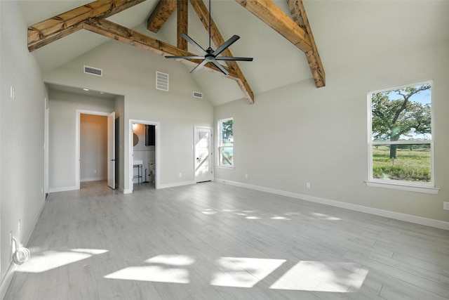 165 Rio Rancho Dr, Decatur, TX 76234 - unfurnished room featuring high vaulted ceiling, beamed ceiling, ceiling fan, and light wood-type flooring