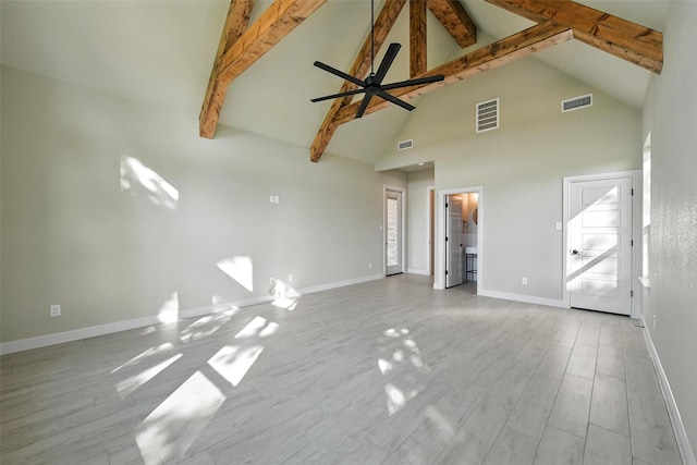 165 Rio Rancho Dr, Decatur, TX 76234 - unfurnished living room with beamed ceiling, high vaulted ceiling, wood finished floors, and a ceiling fan