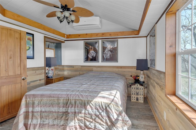 4403 Fm-205, Glen Rose, TX 76043 - bedroom with wooden walls, a wall unit AC, wood finished floors, and a tray ceiling
