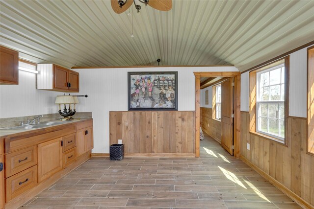 4403 Fm-205, Glen Rose, TX 76043 - kitchen with a sink, light wood-type flooring, a ceiling fan, wood walls, and lofted ceiling