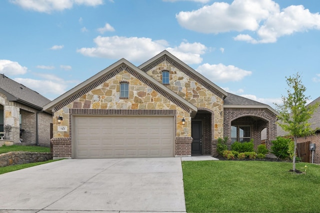 french country inspired facade with driveway, stone siding, a front yard, brick siding, and a garage