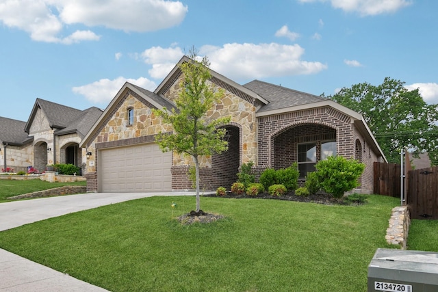 view of front facade with a front lawn, an attached garage, brick siding, and stone siding