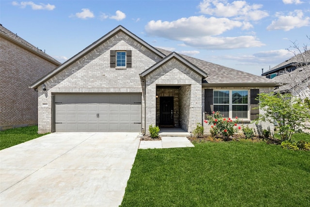 view of front of house with a front yard, a shingled roof, a garage, brick siding, and concrete driveway