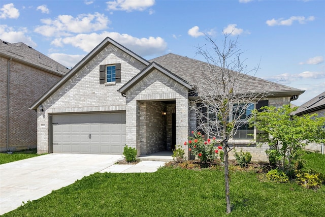 traditional home featuring brick siding, a shingled roof, driveway, and a front yard