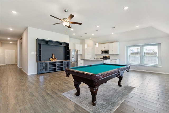 recreation room featuring wood finished floors, ceiling fan, pool table, and baseboards