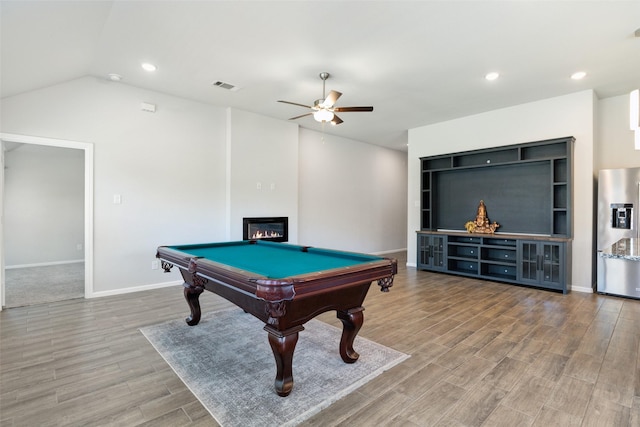playroom with a ceiling fan, visible vents, pool table, baseboards, and wood finished floors