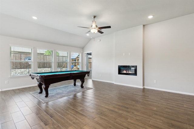 recreation room with wood finished floors, pool table, vaulted ceiling, baseboards, and a ceiling fan
