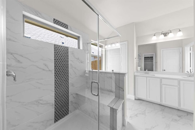 214 Fairmont, Princeton, TX 75407 - full bath featuring marble finish floor, a marble finish shower, double vanity, and a sink