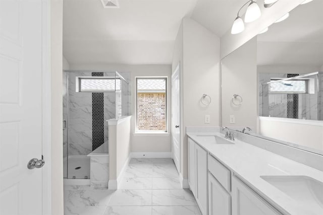 214 Fairmont, Princeton, TX 75407 - full bath featuring a marble finish shower, baseboards, a sink, and marble finish floor
