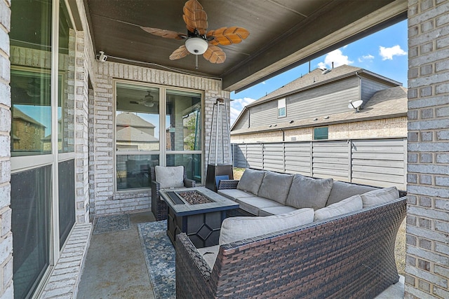 7005 Lowbranch Trl, Little Elm, TX 76227 - view of patio / terrace with fence, an outdoor living space with a fire pit, and ceiling fan