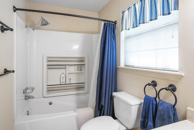 full bathroom featuring toilet, a textured ceiling, and shower / bathtub combination with curtain
