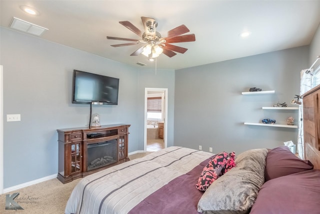 carpeted bedroom featuring baseboards, ceiling fan, recessed lighting, and visible vents