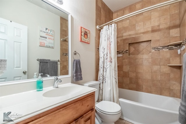 full bath with vanity, shower / bath combination with curtain, and toilet