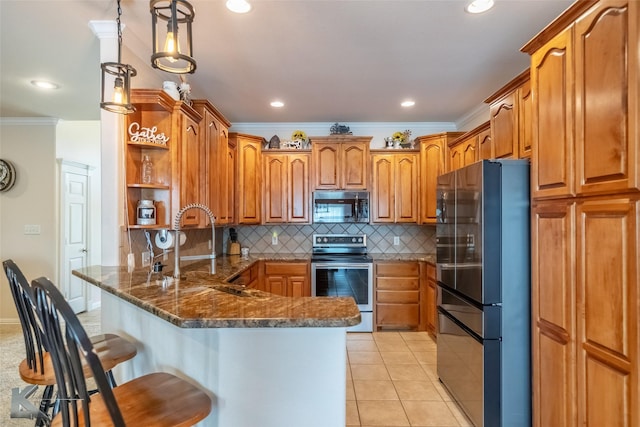 kitchen featuring ornamental molding, open shelves, stainless steel appliances, and a peninsula