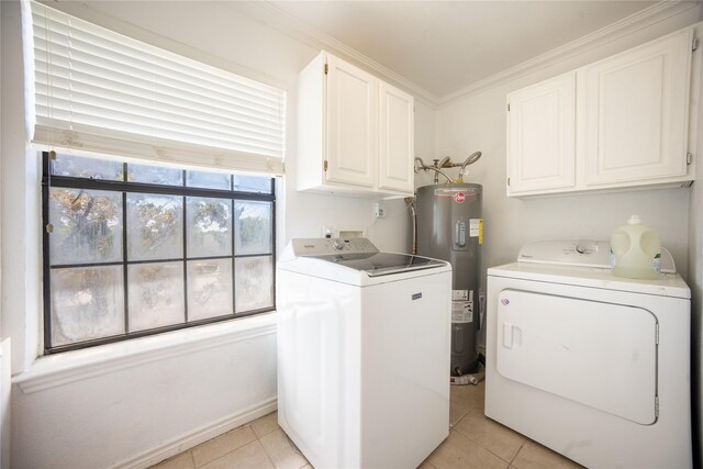 laundry room with light tile patterned floors, washer and clothes dryer, cabinet space, and electric water heater