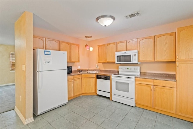 5841 Tracyne Dr, Westworth Village, TX 76114 - kitchen featuring visible vents, white appliances, light brown cabinets, and a sink