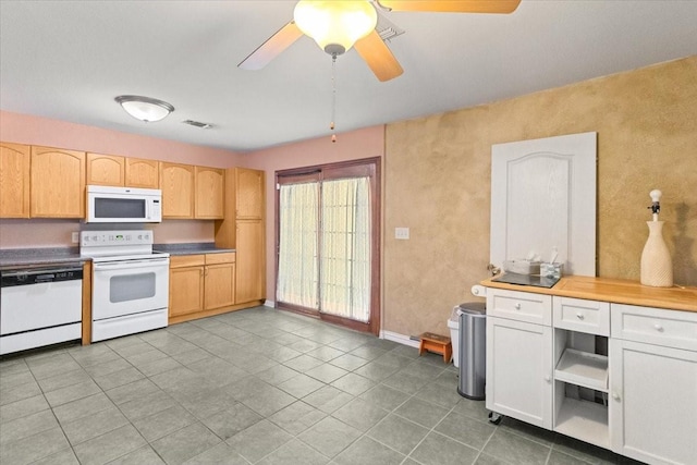 5841 Tracyne Dr, Westworth Village, TX 76114 - kitchen featuring light tile patterned floors, ceiling fan, visible vents, baseboards, and white appliances