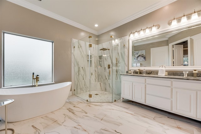bathroom with crown molding, a marble finish shower, double vanity, and a freestanding tub