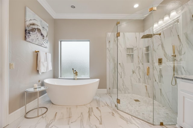 bathroom with crown molding, baseboards, a marble finish shower, a freestanding bath, and marble finish floor