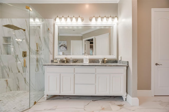 bathroom with a sink, double vanity, a marble finish shower, ornamental molding, and marble finish floor