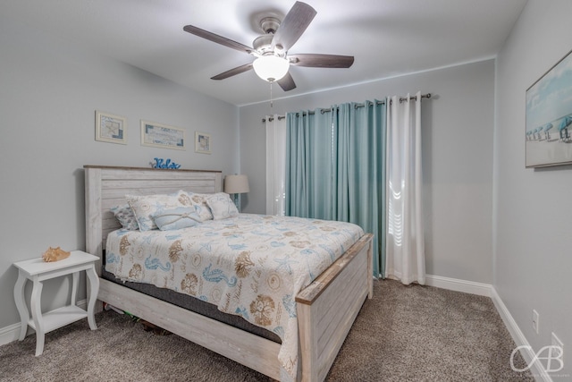 bedroom featuring carpet, a ceiling fan, and baseboards