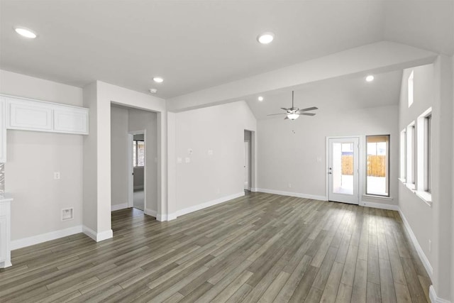 1640 Meadow Crst, Aubrey, TX 76227 - unfurnished living room with ceiling fan, wood finished floors, vaulted ceiling, healthy amount of natural light, and recessed lighting