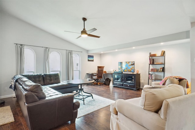 living area with dark wood-type flooring, recessed lighting, ceiling fan, and lofted ceiling