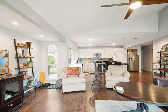 living room with recessed lighting, dark wood-style flooring, ceiling fan, and vaulted ceiling