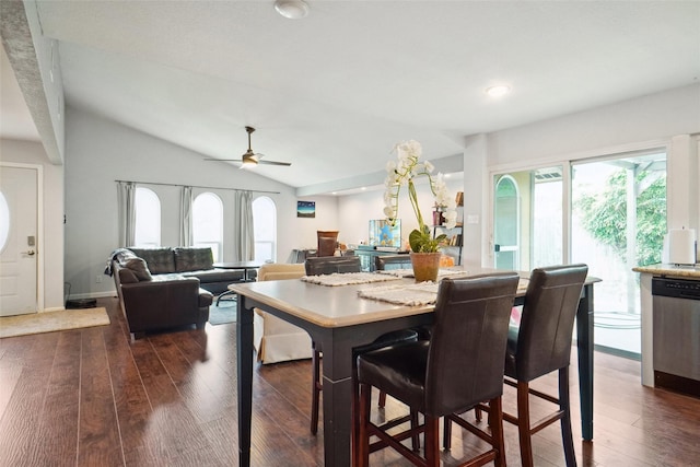 dining area featuring recessed lighting, a ceiling fan, lofted ceiling, and dark wood-type flooring