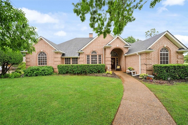 single story home featuring a front lawn, a shingled roof, and brick siding