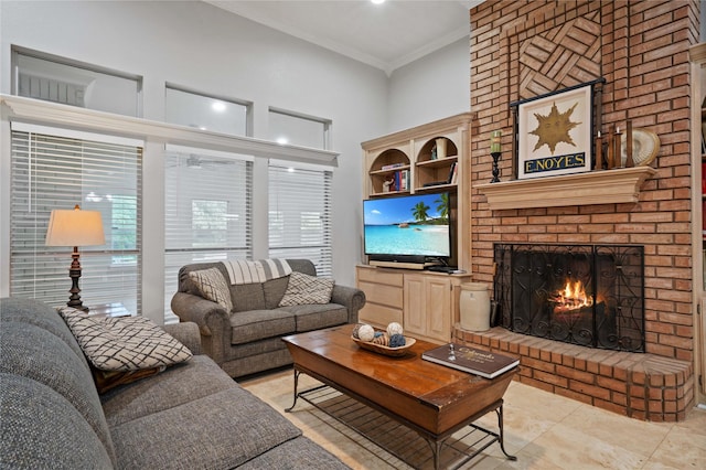 living room featuring light tile patterned floors, crown molding, and a brick fireplace