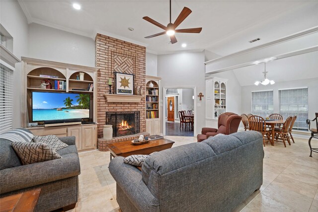 living room with lofted ceiling, visible vents, recessed lighting, a fireplace, and ceiling fan with notable chandelier