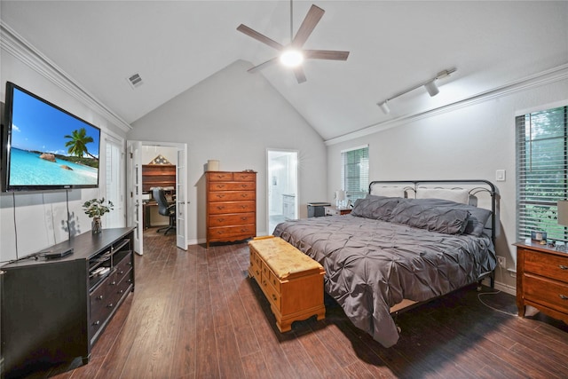 bedroom with visible vents, ensuite bathroom, dark wood-type flooring, a ceiling fan, and high vaulted ceiling