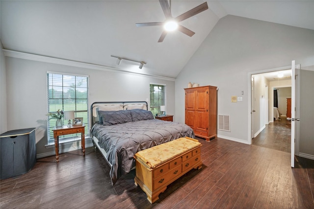 bedroom featuring high vaulted ceiling, a ceiling fan, visible vents, baseboards, and dark wood finished floors