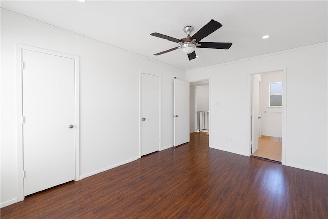 unfurnished bedroom with recessed lighting, wood finished floors, ceiling fan, baseboards, and crown molding