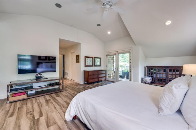 1580 Stemmons Ave, Dallas, TX 75208 - bedroom featuring vaulted ceiling, access to exterior, wood finished floors, baseboards, and french doors