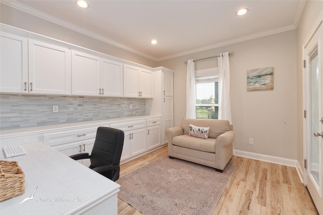 office space with light wood-style floors, recessed lighting, and ornamental molding