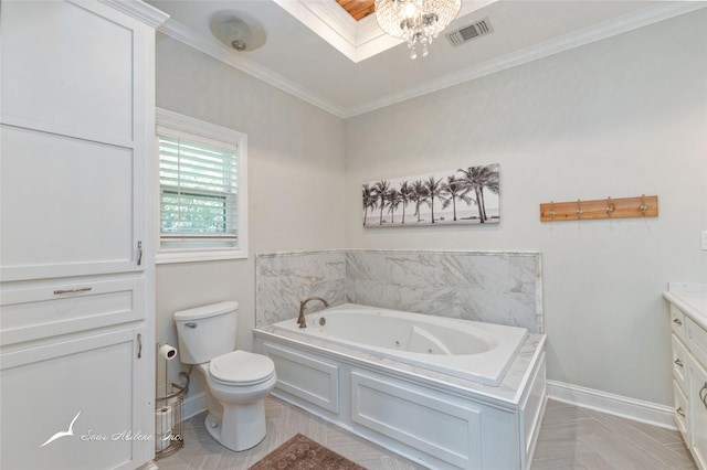 full bath with vanity, toilet, visible vents, baseboards, and a jetted tub
