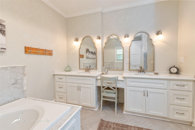 bathroom featuring two vanities, a bathing tub, ornamental molding, and a sink