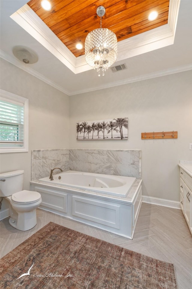 bathroom featuring a raised ceiling, visible vents, wooden ceiling, toilet, and a jetted tub