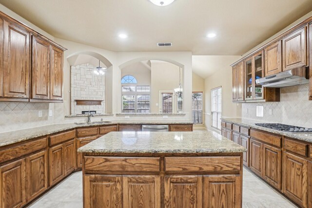 kitchen featuring light stone countertops, a sink, stainless steel appliances, under cabinet range hood, and a center island