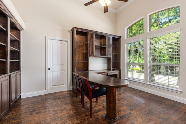 141 Claremont Dr, Ovilla, TX 75154 - office space featuring crown molding, a ceiling fan, and dark wood-style flooring
