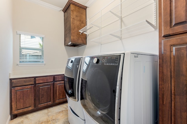 141 Claremont Dr, Ovilla, TX 75154 - clothes washing area featuring independent washer and dryer, cabinet space, and ornamental molding