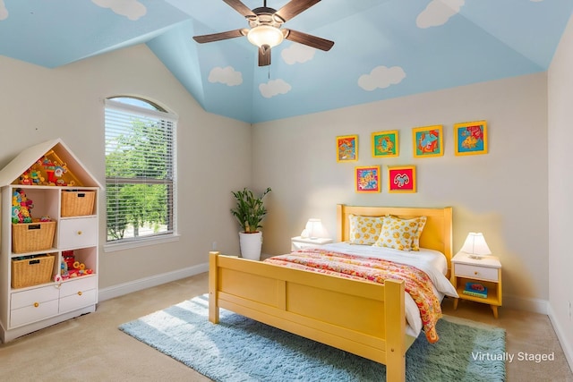 141 Claremont Dr, Ovilla, TX 75154 - bedroom with carpet floors, vaulted ceiling, baseboards, and ceiling fan
